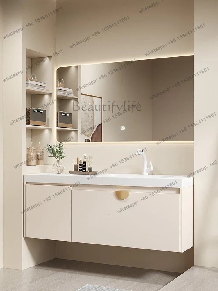 Integrated basin ceramic skin cream wind bathroom cabinet combination solid wood simple washbasin