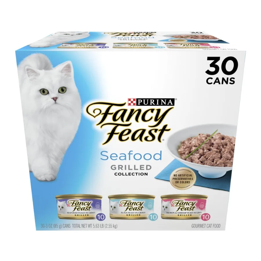 Comida Húmeda para Gatos Purina Grilled Food, Sabor a Mariscos, Latas de 3 oz, Paquete de 30