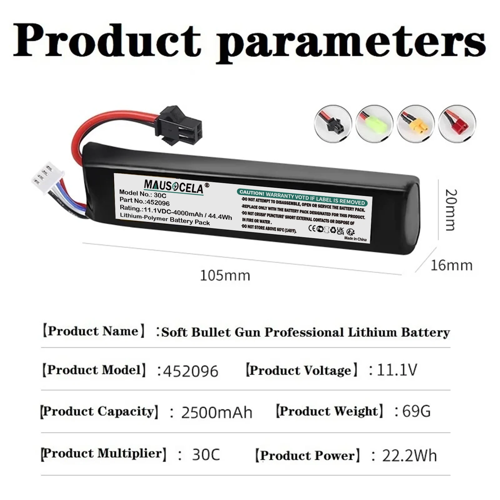 4000mAh Water Gun Airsoft 11.1V 3S 30C 452096 LiPo Battery T/Tamiya/XT30 Plug for Airsoft BB Air Pistol Electric Toys Guns Parts