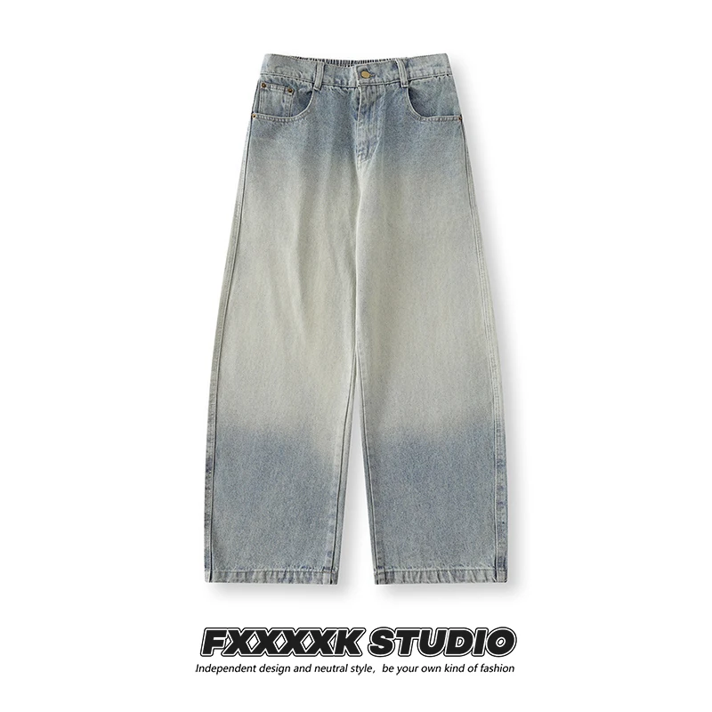 

FXK Original Heavyweight Waed Tie Dye Distred Straight Leg Denim Jeans High Street Casual Wide Leg Long Trousers Trendy