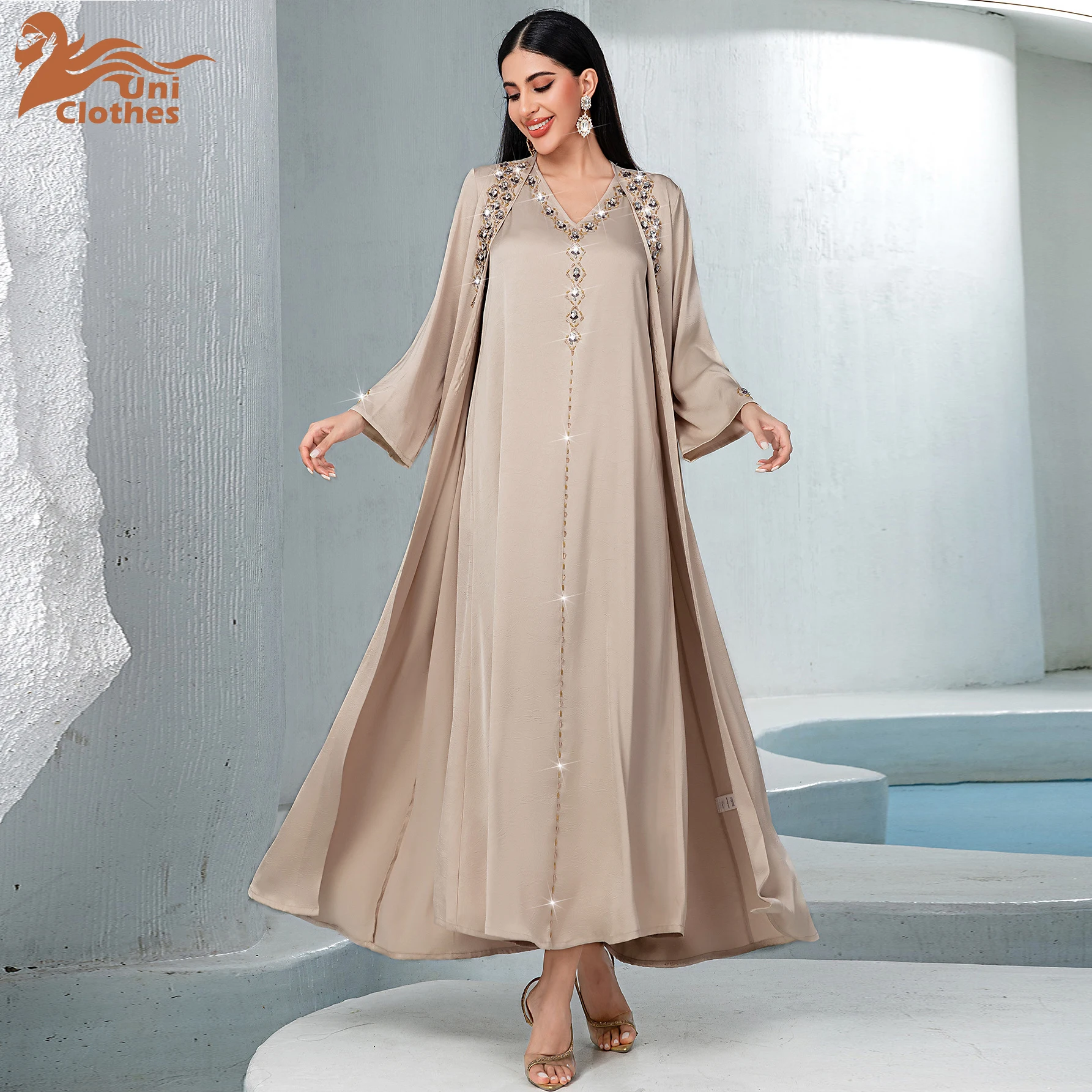 

UNI Eid Muslim Set Women Dress Open Abaya Diamond Cardigan Vestidos Largos Party Jalabiya Ramadan Dubai Arab Long Robe 2025