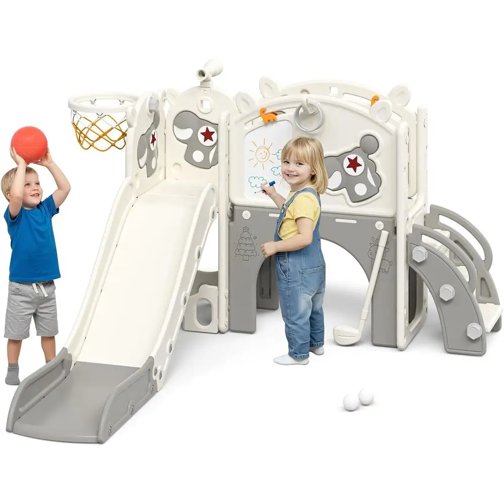 10-in-1 peuterglijbaan 10-in-1 voor kinderen van 1-3 jaar, elandenthema met basketbal en golf, binnen/buiten, beige en grijs (54x62x39in)
