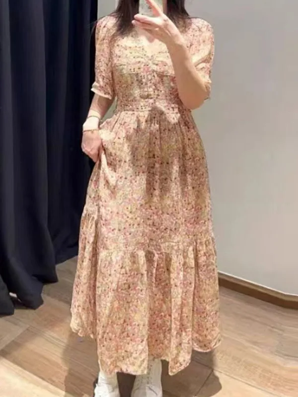 

BA Home Retro Vaion Sle Rose Floral Long V Ne ort Sve Chiffon Dr Ele Summer Faion Women's Dr