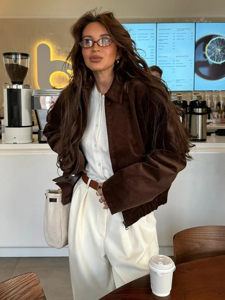 

Leosoxs Women's New Cotton Retro Brown Corduroy Jacket Lapel Collar Trendy Zip Up Autumn Winter 2026 Fashion Jackets Coats