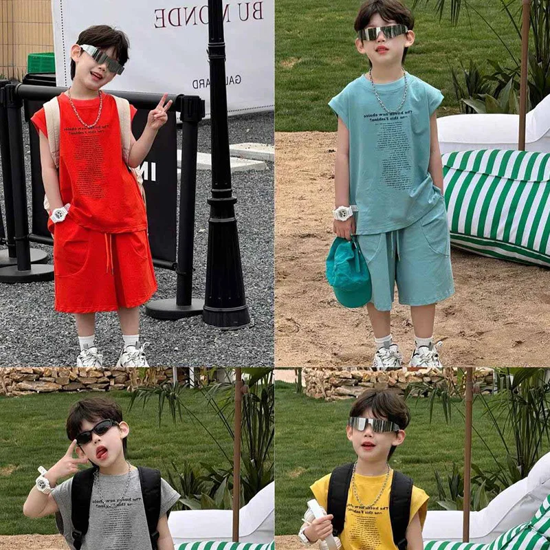 Boys' Stylish Solid Color Letter Vest Set for Summer 2025 - Children's Sports Top and Shorts for Middle and Small-sized Kids.