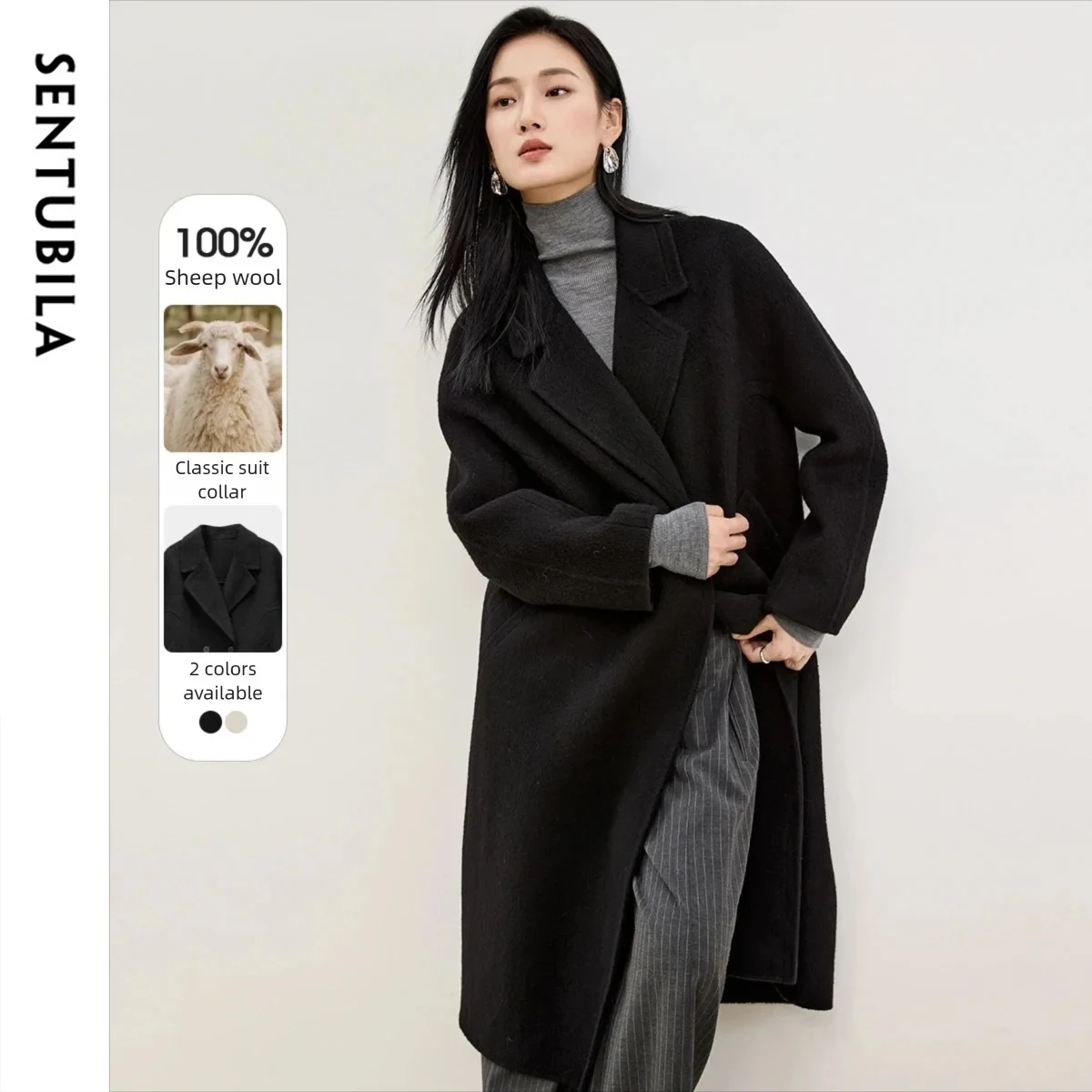 SENTUBILA Women's Black Elegant Wool Coat Double Breasted Lapel Long Woolen Overcoat Loose Casual Winter Trench Coat W44O55961