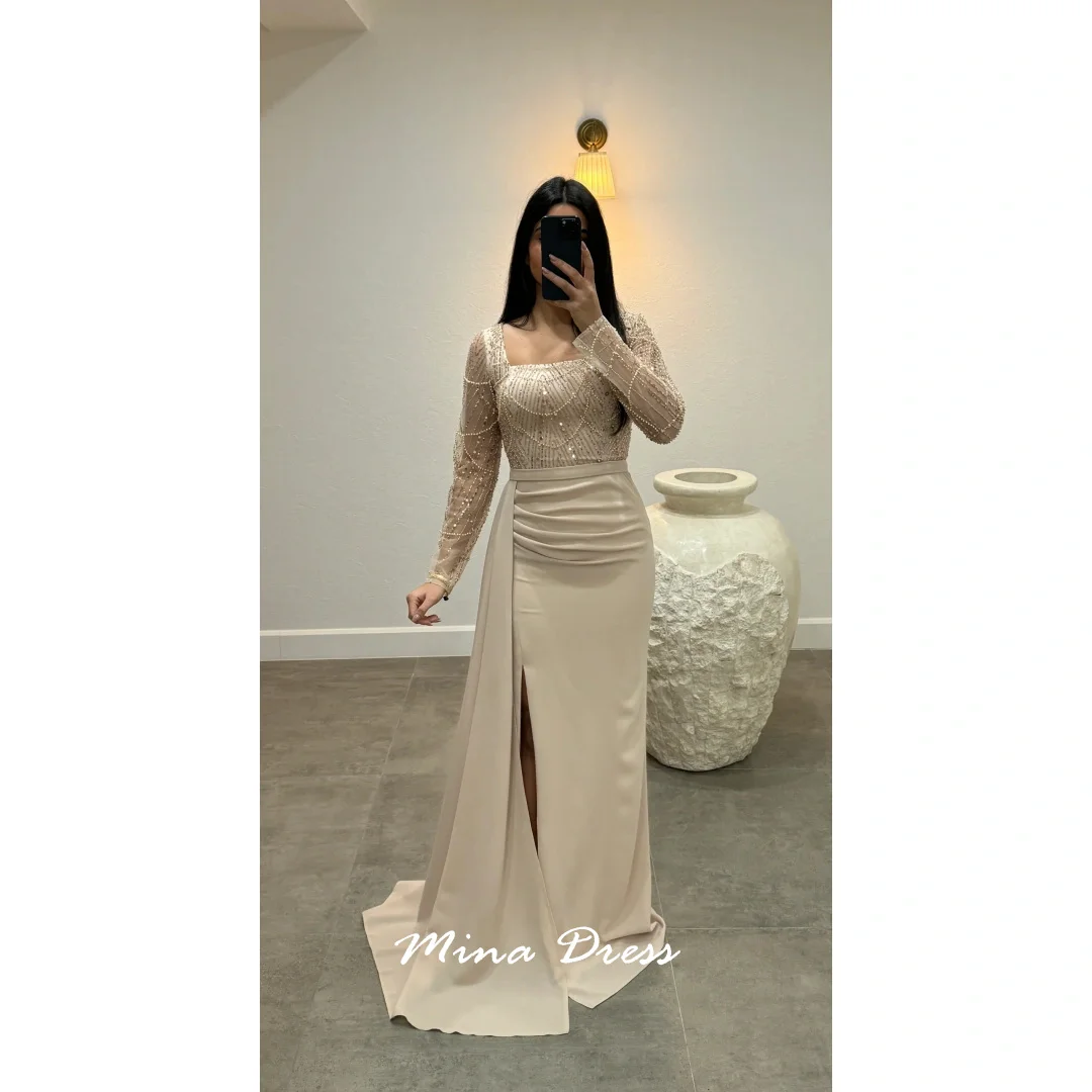 

Mina Customized Navy Blue Arabic Evening Dress Luxury Party Dress Beads Long Sleeves Square Collar Slit Women's Elegant Dresses