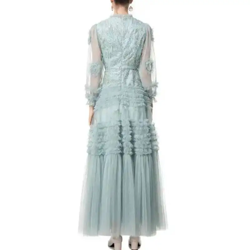 QMQA Fashion Women's Elegant Bead Sequin Mesh Splicing Long Sleeved High Waist Formal Dresses 2025 Spring Female New QM240