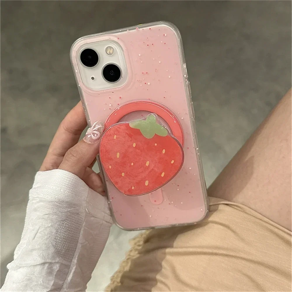 Korean Cute Red Strawberry Magnetic Holder Grip Tok Phone Stand Bracket Support for IPhone 16 Samsung for Pad Magsafe Smart Tok