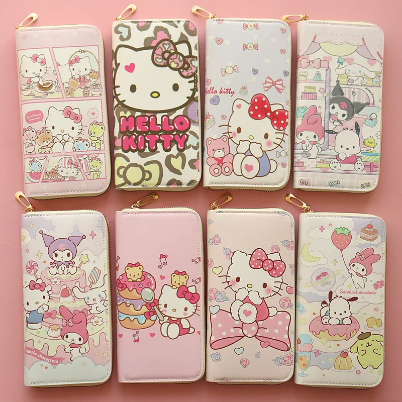 Sanrio Hello Kitty Trendy Cartoon Wallet Lightweight Pu Leather Coin and Card Organizer Student Coin Purse Mobile Phone Bag Pink