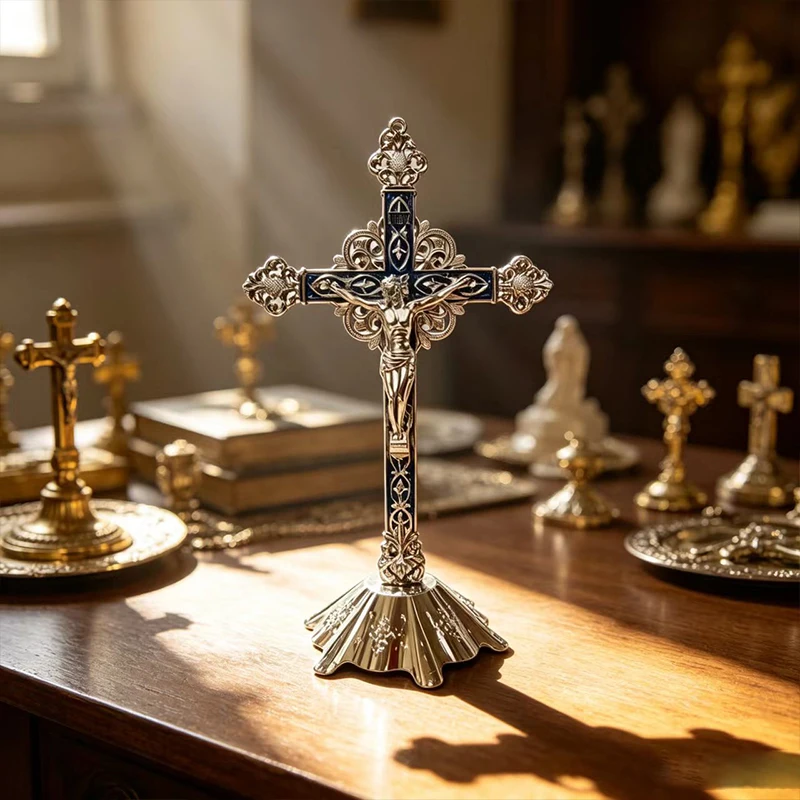 

Ornate Silver Tone Tabletop Crucifix with Jesus Figure and Blue Enamel for Catholic Home Altar Prayer and Religious Display