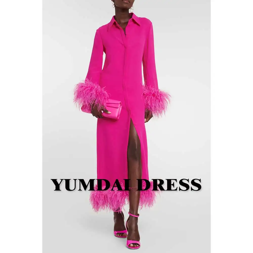 YUMDAI Pink Feather Lapel Suit Mermaid 2024 Black Women Engagement Party Midi Crepe Gown Formal Party Evening Dress