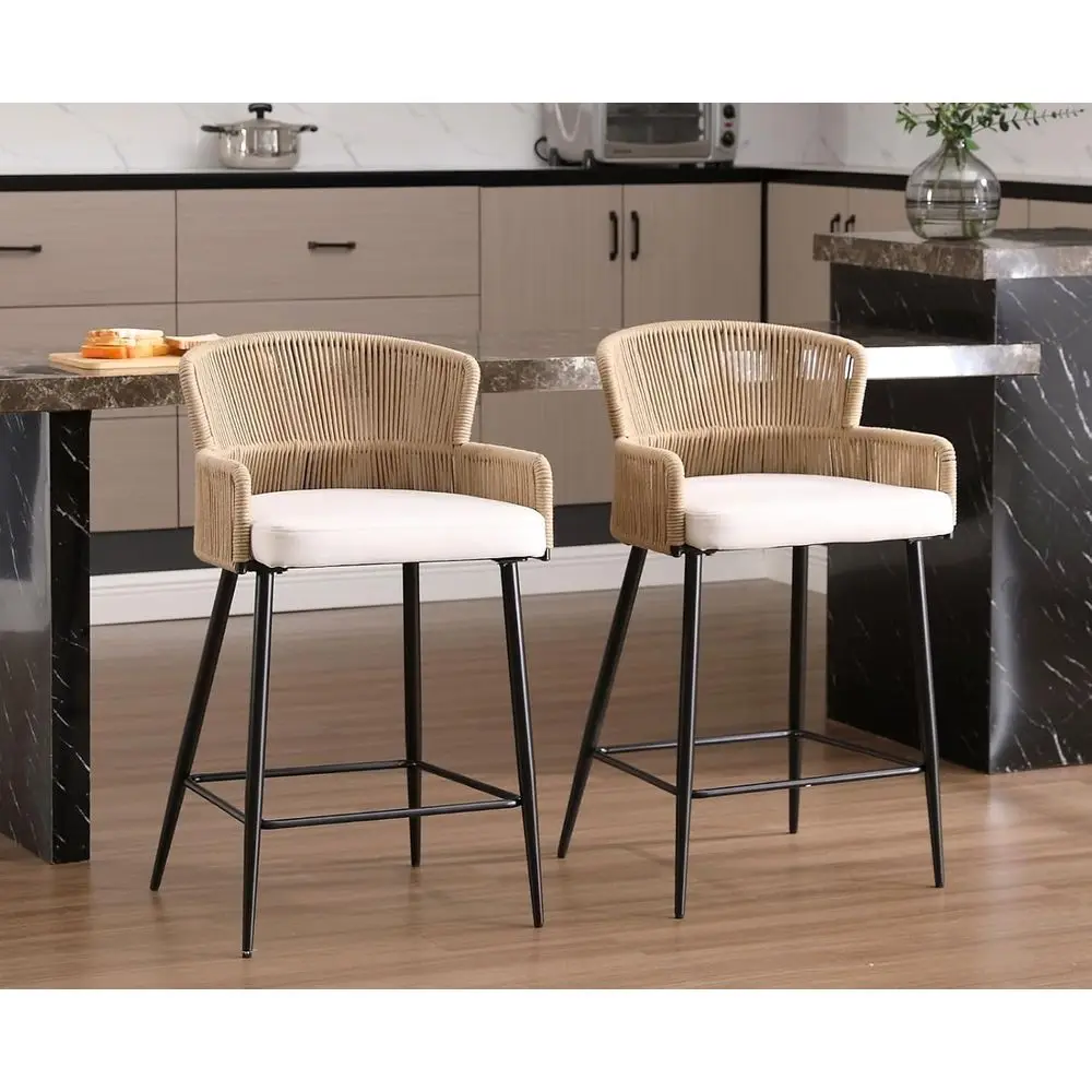 

Набор из 2 бежевых льняных тканых барных стульев с ротанговой спинкой, высота 26 дюймов, для кухонного острова или патио
