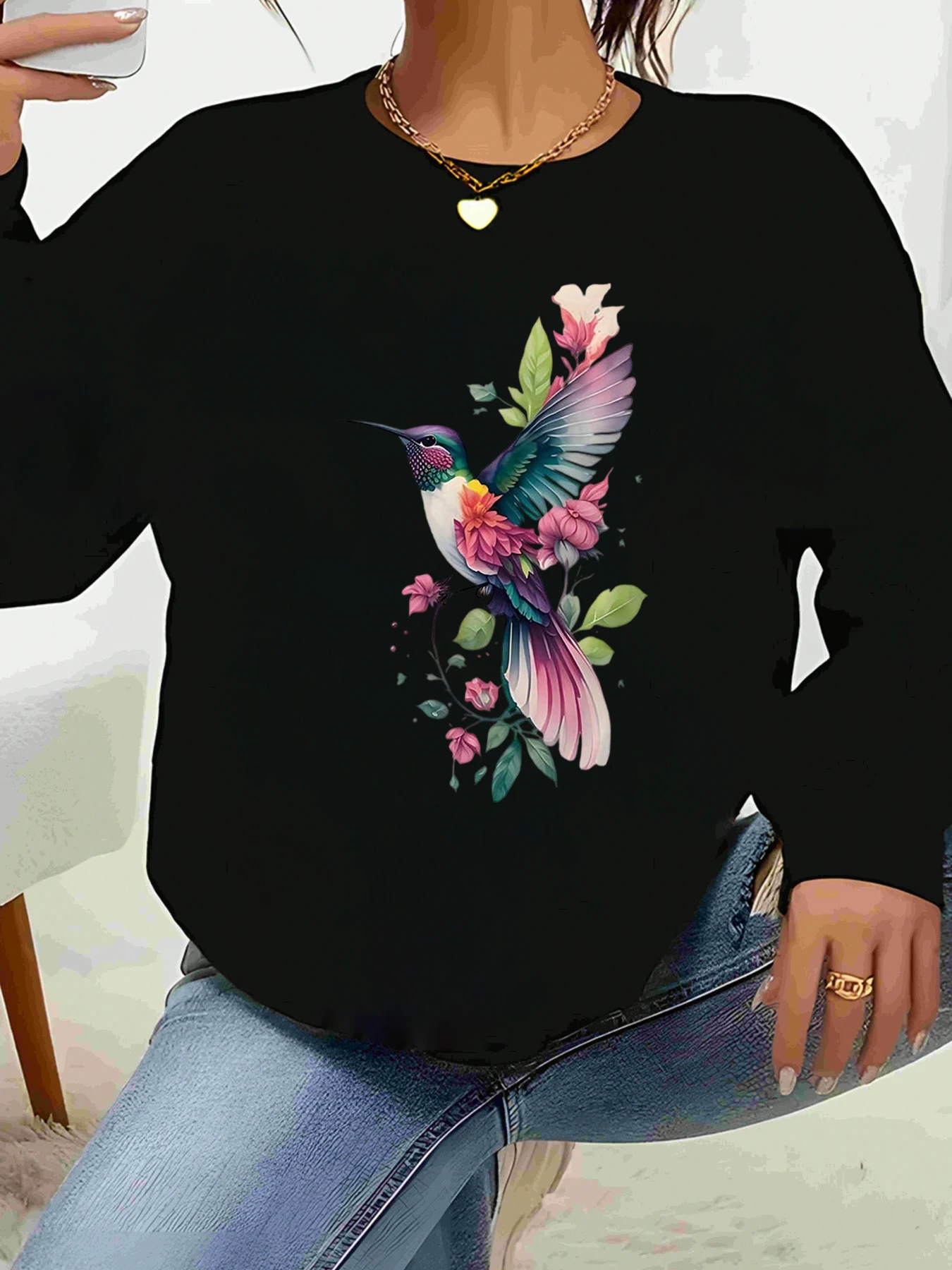 

Топ с длинными рукавами и цветочным принтом колибри, весенняя повседневная одежда, женская мода