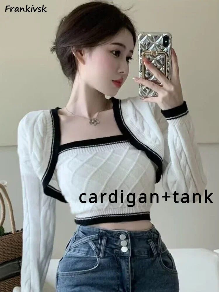 

Panelled Sets Women Slim Spliced Cardigan Spring Autumn Knitwear Stretchy Hotsweet Outdoor Sexy Tank Cropped Korean Style Daily