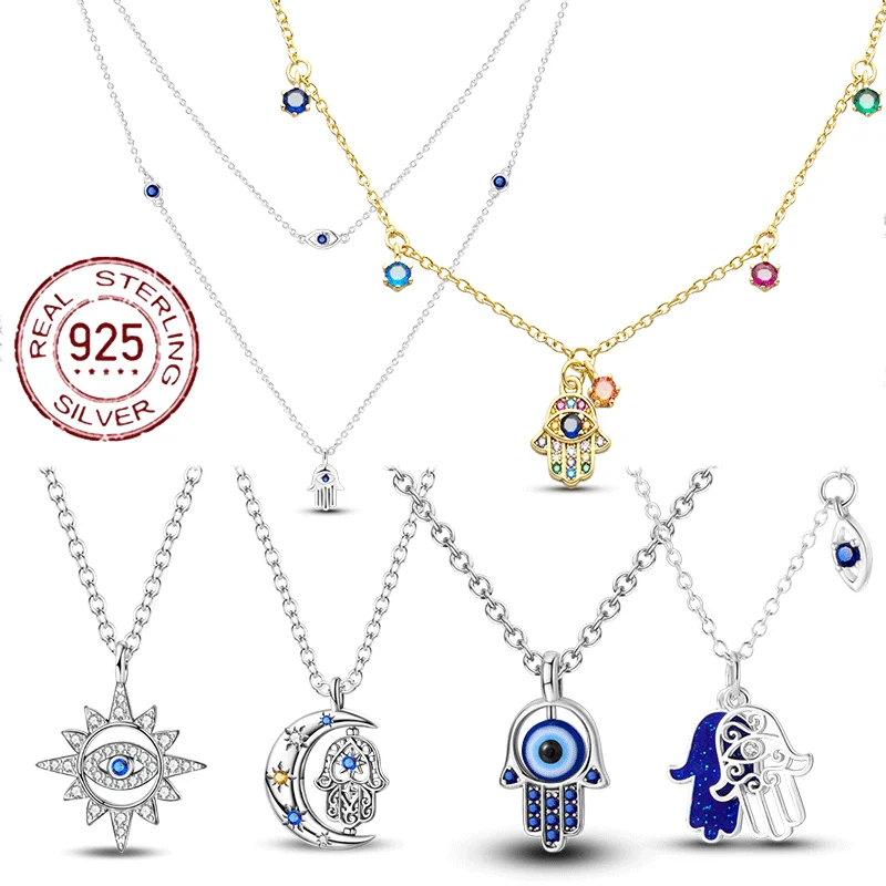 

925 Sterling Silver Hamsa Hand of Fatima Evil Eye Protection Pendant Blue Eye Amulet Necklace for Women Fine Jewelry Gift