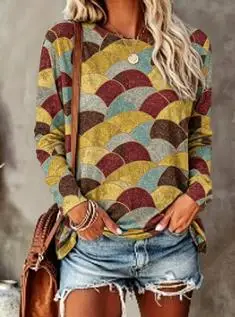 Sudadera de manga larga con cuello redondo para mujer, estampado abstracto geométrico de bloques de color, estilo casual y holgado, para otoño.