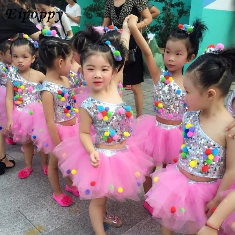 8 Colors Children Jazz Dance Costumes Kids Balett Dress Modern Girls Sequin Tutu Ballroom Competition Dresses