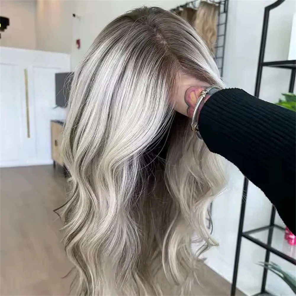 100 Echthaar-Perücke, aschblond, dunkle Wurzeln, gewellt, Highlight, brasilianische Perücken, 13 x 6, transparente Spitze, farbig, bereit zum Tragen