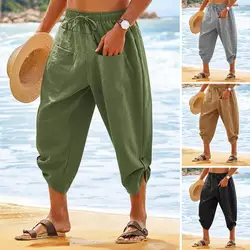 Spring Summer Men Cropped Pants Vintage Drawstring Beach Pants Men's Leisure Streetwear Casual Loose Cotton Linen Calf Trousers