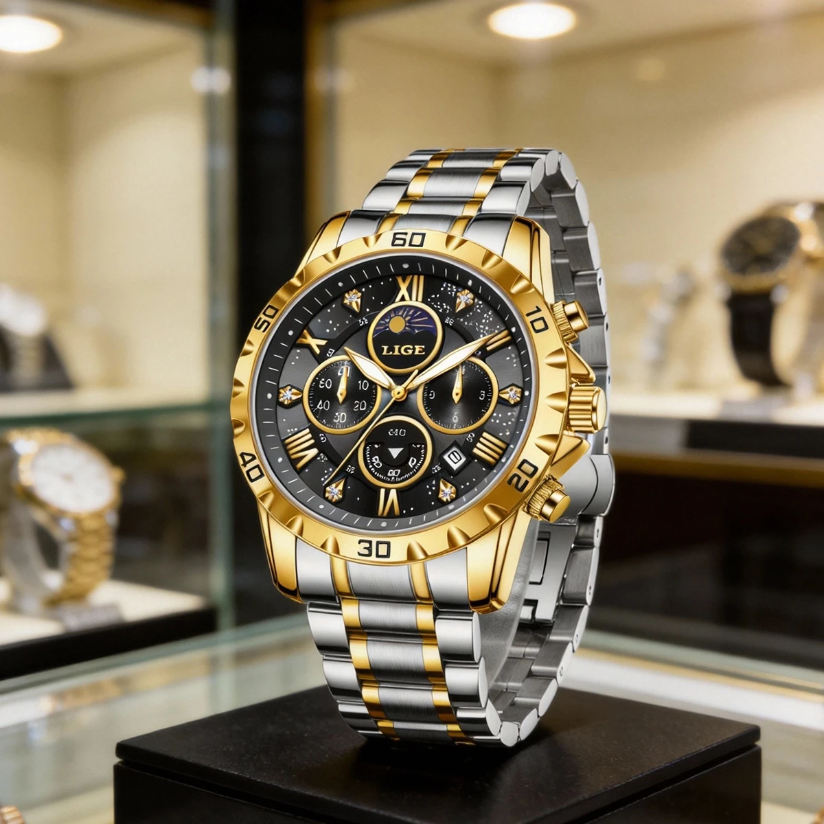 

Мужские часы LIGE: роскошные, модные, многофункциональные, из нержавеющей стали, оригинальные кварцевые наручные часы с фазами Луны, хронограф, водонепроницаемые