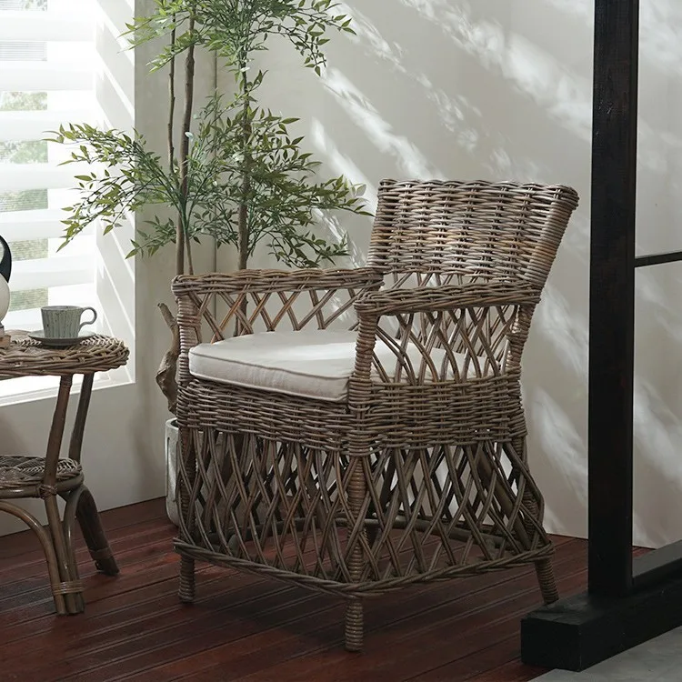 Natural B & B Balcony Courtyard Lazy Sofa Chair, Wabi Sabi Wind Retro Rattan Chair with Cushion