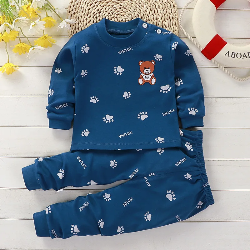 

New cartoon cotton sports set Male baby spring printed T-shirt+trousers female baby casual solid color set 0-5 year old baby