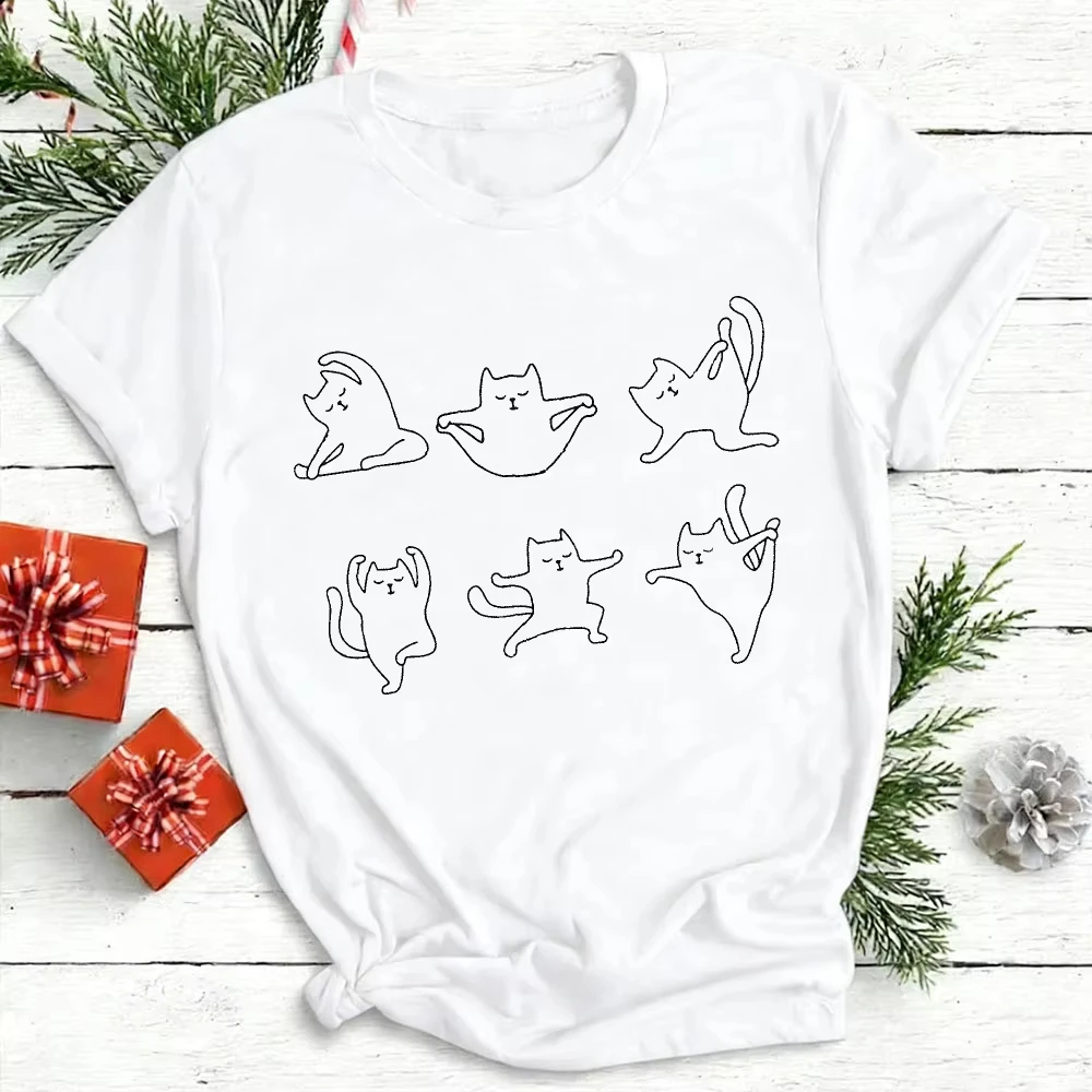 Funny Cat Yoga Shirt Casual Crewneck Short-Sleeve Clothes Women Fitted Novelty Trend Humor Style Cute Cat Lovers Gift