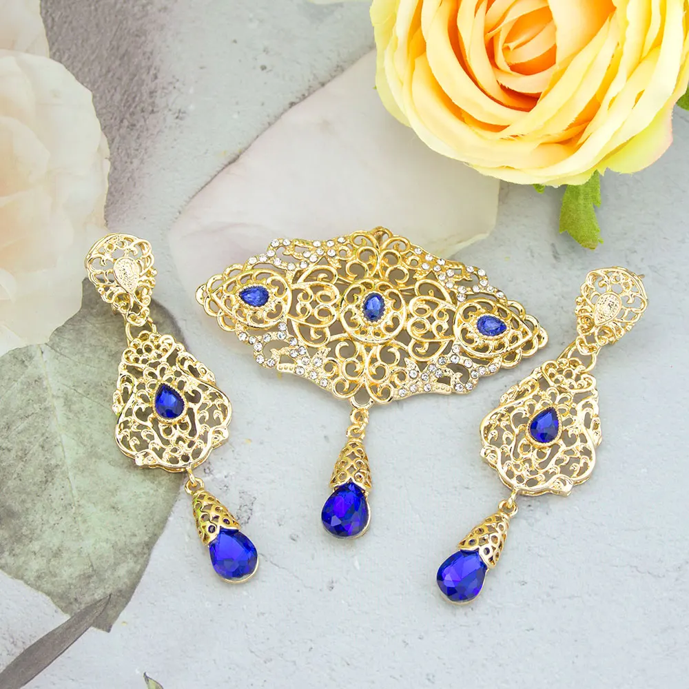 Sunspicems Gold Color Moroccan Jewelry Women Caftan Brooch Pins Drop Earring Crystal Arabian Bridal Bijoux Eardrop Broches Set