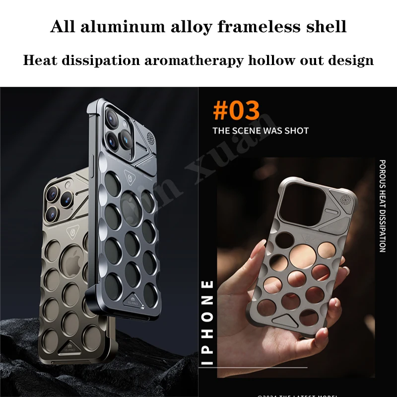 

Luxury Aluminum Alloy Heat Dissipation Hollow Phone Case For iPhone 16 13 14 15 Pro Max Aromatherapy Frameless Shockproof Bumper