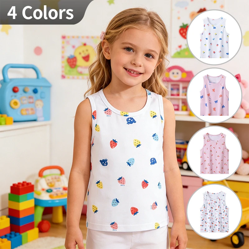 4-Piece Set of Four Season Girls' Cute Printed Multi-Color Combination Vest Sweet Sleeveless T-Shirt for Little Girls Casual Top