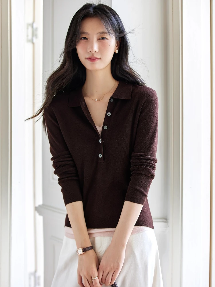 

VIMLY Long Sleeve Knitted Pullovers 2025 Woman Autumn Casual Patchwork 2 in 1 Polo Spliced Fitted Crop Sweaters Ladies Top 75051