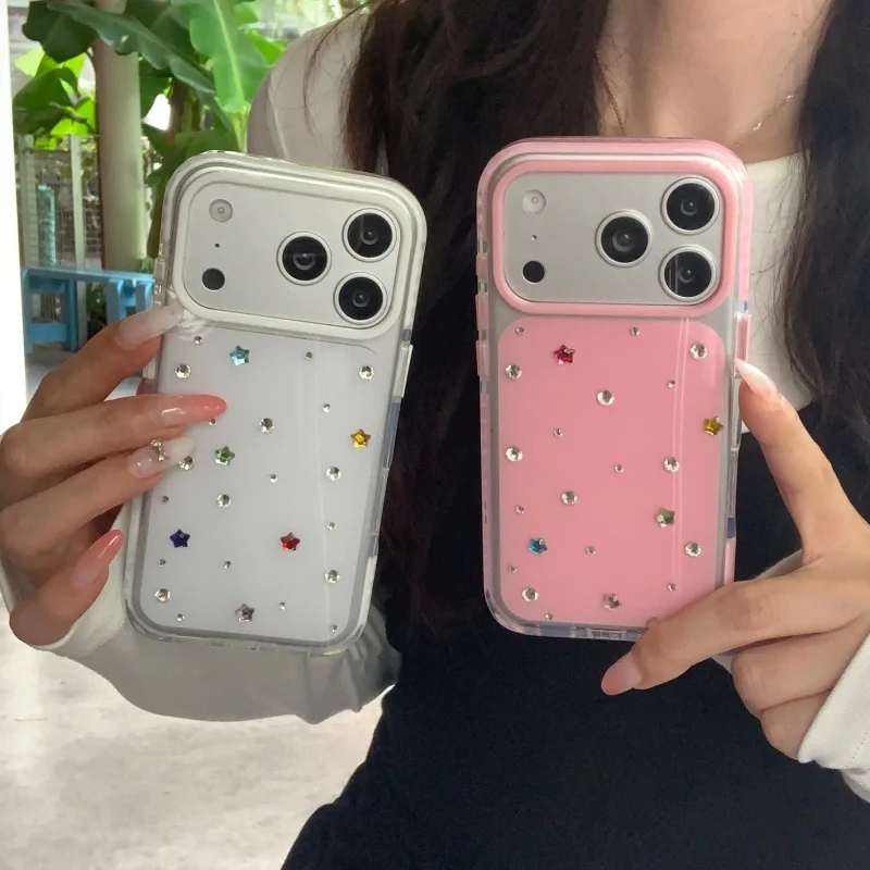 

Color Diamond Little Star Cute Phone Case For iPhone 17 Pro 16 15 Pro Max Back Cover Fashion Shockproof Protective Cases For Gir