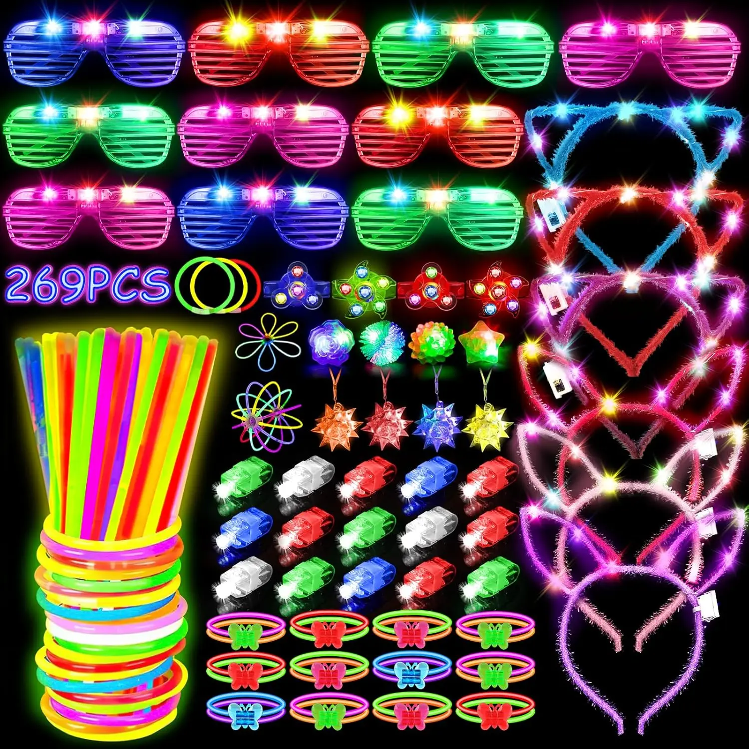 

269Pcs Glow Party Favors: LED Glasses, Headbands, Rings, Bracelets & 100 Glow Sticks for DIY Neon Fun