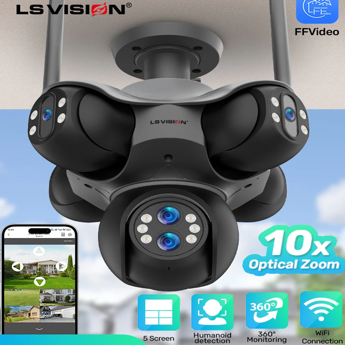 LS VISION 10K 30MP Outdoor WiFi IP Camera 6 Len 5 Screen 360° 10X Zoom PTZ Security Cam Auto Tracking CCTV Wireless Surveillance