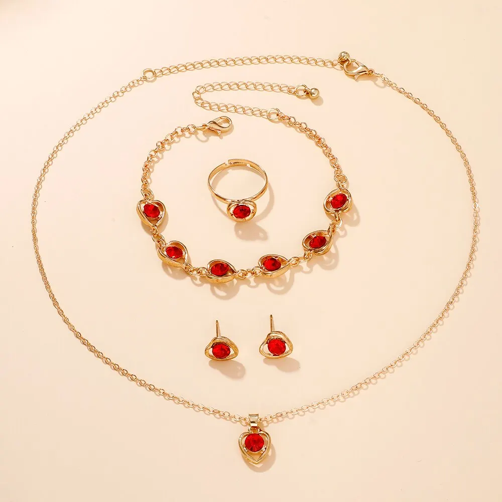 6PCS Set Red Luxury Quartz Watch Women Ring Necklace Earring Rhinestone Fashion Wristwatch Casual Ladies Bracelet Watches