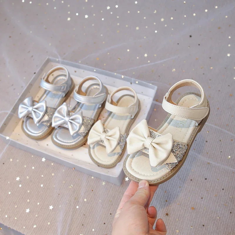 Girls Bow-knot Sandals Princess Sweet with Sequins Fashion Kids Summer Beach Shoes Open Toes Simple Classic Chic for Wedding New