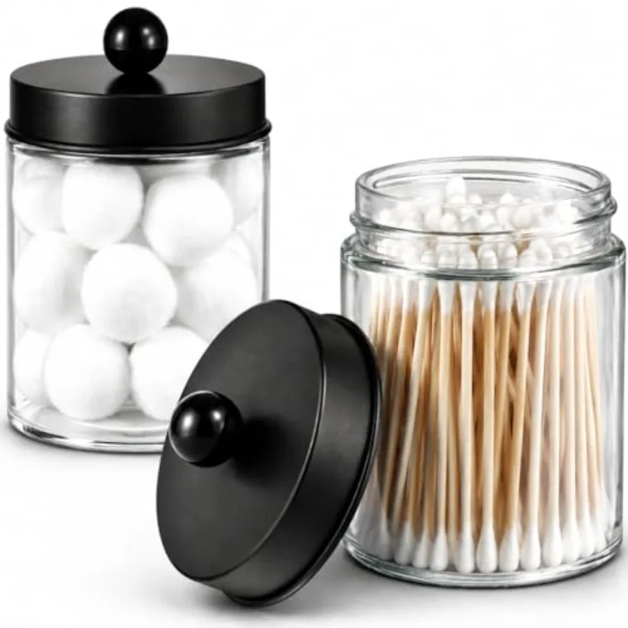 

Apothecary Jars Bathroom Storage Organizer - Cute Qtip Dispenser Holder Vanity Canister Jar Glass with Lid for Cotton Swabs, Ro