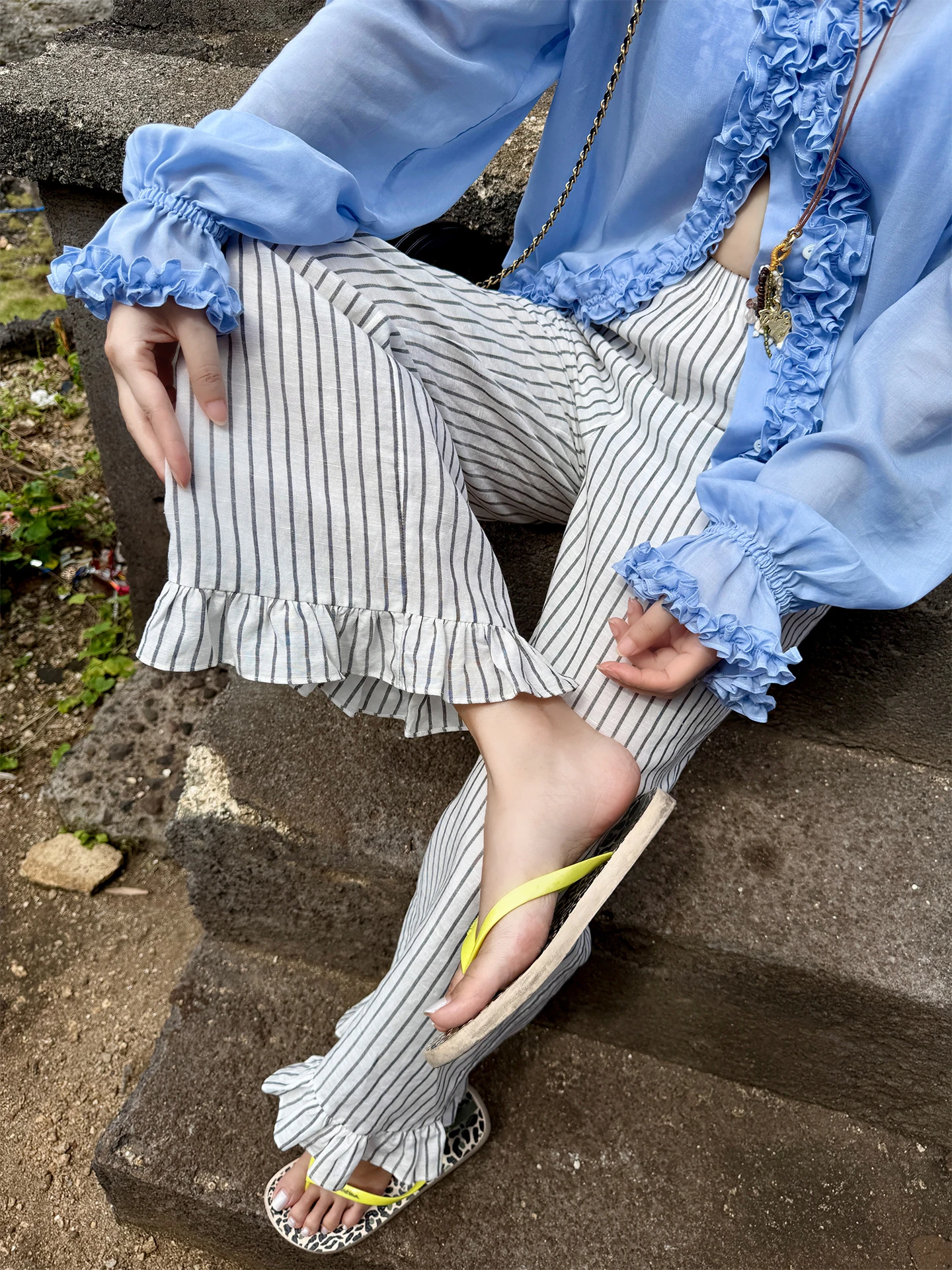 

Heidy Women's High Waist Striped Linen Pants with Lace Hem Straight Leg Loose Fit Casual Pants Commute Sle