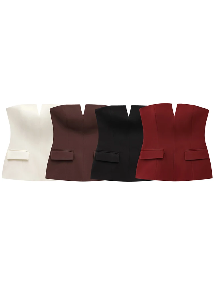 

KUCLUT Women Fashion With Pockets Solid Bustier Backless Side Zipper Corset Tops Vintage Strapless Female Chic Lady Top