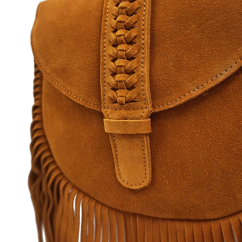 Women Genuine Leather Suede Medium Size Stylish Braid Shoulder Bag Boho Hippie Gypsy Ibiza Bohemian Fringed Phone Side Sling Bag