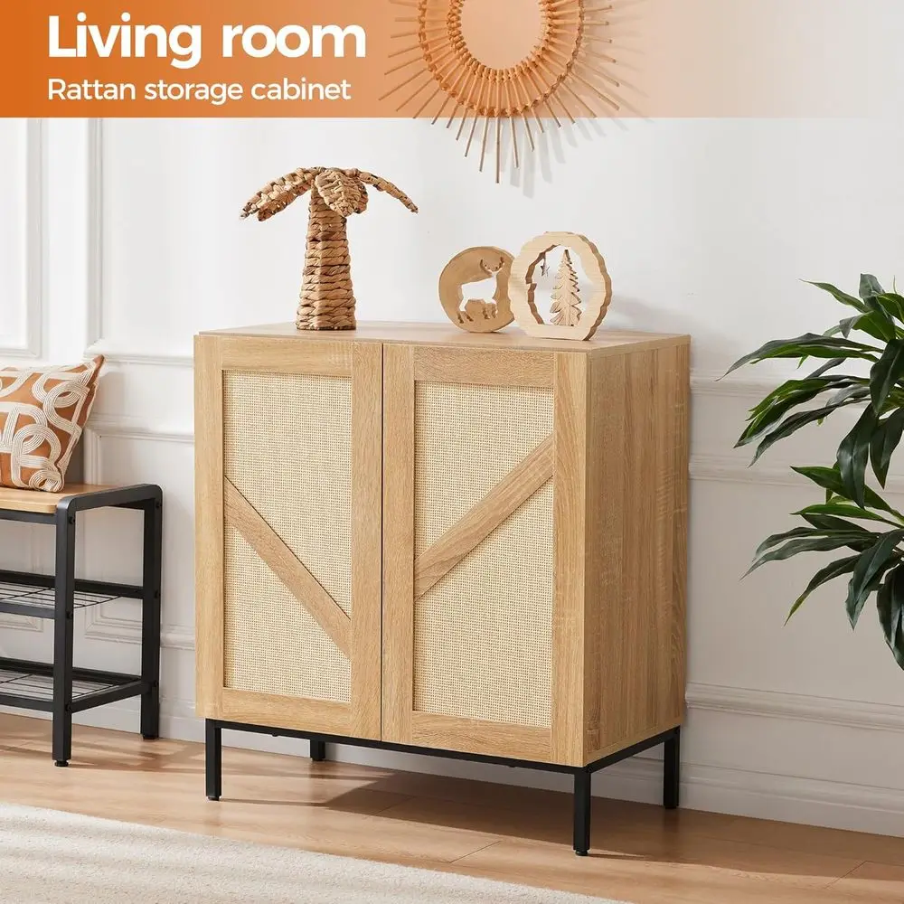 Buffetschrank aus natürlichem Rattan mit 2 Türen, Metallgestell, verstellbares Regal für Küche, Kaffeebar, Eingangsbereich, Flur, Wohnzimmer