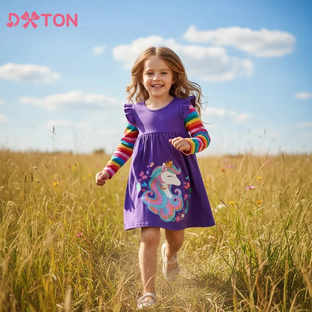 

DXTON Cotton Children's Dress Rainbow Striped Long Sleeve Girls Dress Unicorn Cartoon Kids Casual Clothing Floral Toddler Dress