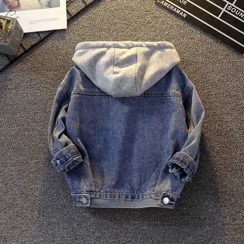 Boys Baby Jacket Spring and Autumn New Clothing Korean Edition Denim Coat Children\'s Hooded Denim Top