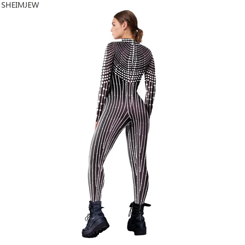 Carnaval Cosplay Zentai Pak Parel Kwast Patroon 3d Print Vrouwen Sexy Skinny Jumpsuit Fancy Bodysuit Party Rave Rompertjes Nieuw