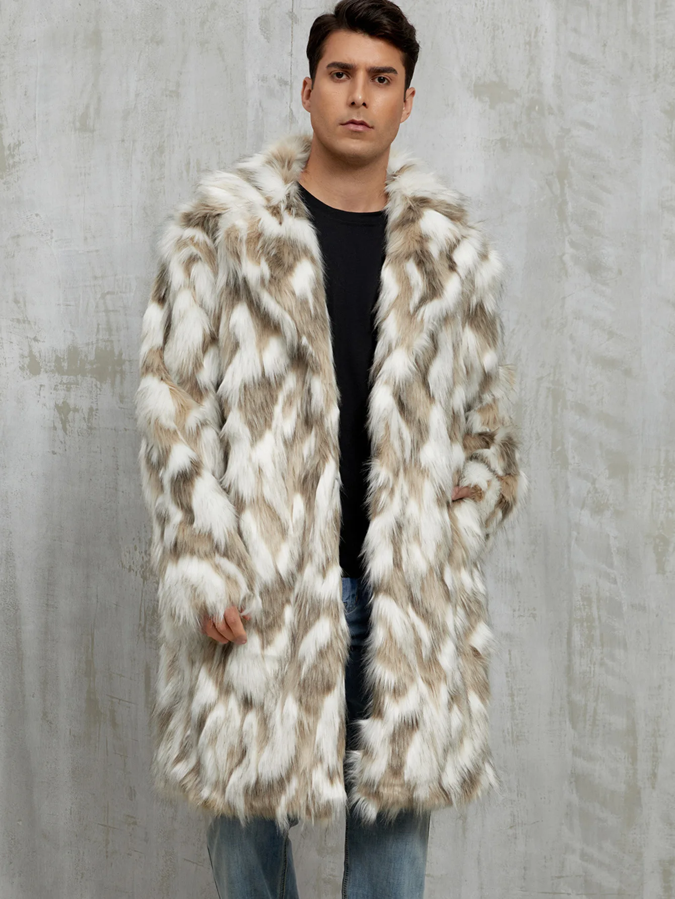 New autumn and winter contrasting color men's suit collar faux fur long warm coat coat