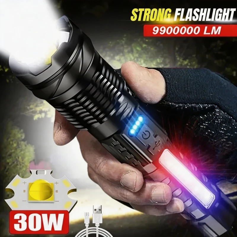 High Power LED Power Display Flashlight Type-C Rechargeable Zoom Tactical Torch with COB Side Lamp for Outdoor Camping Adventure