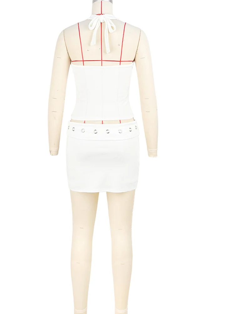 Beyprern Sexy Hollow Out Eyelet Two Piece Set Women Summer White Halter Crop Top and Mini Skirt Sets Outfits Streetwear 2026 image 4
