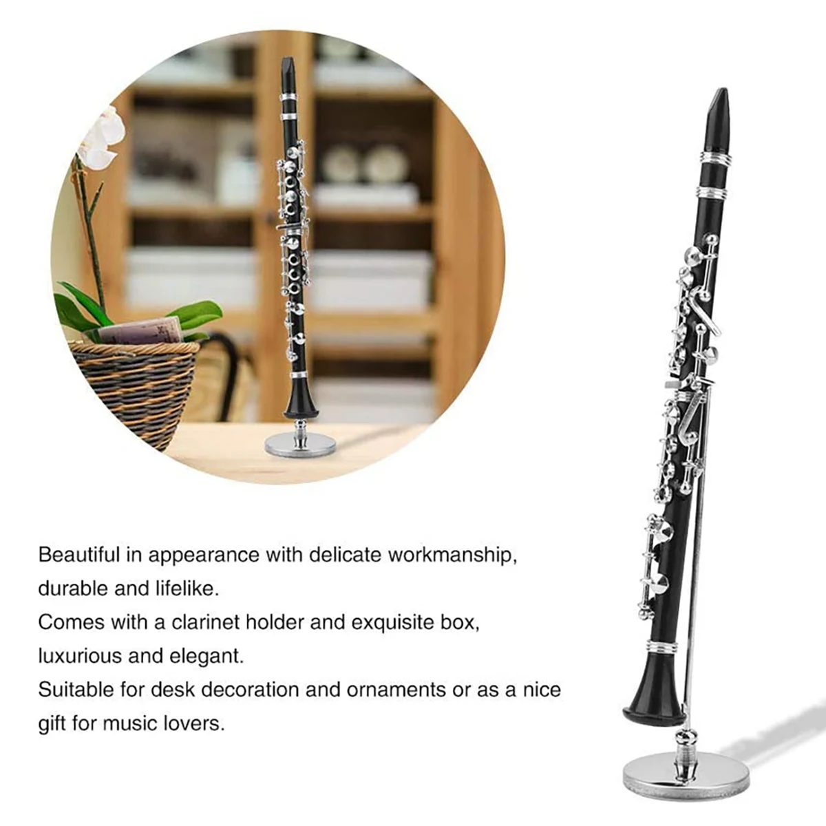 Mini clarinete modelo de instrumento Musical en miniatura, decoración de escritorio con soporte de caja de cuero negro