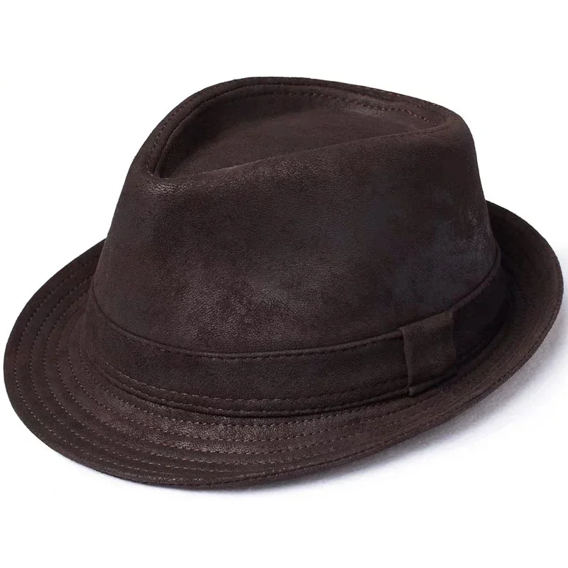 Man High Quality Genuine Leather Formal Hat Jazz Gentleman Goat Skin Suede Short Brim Brown Top Fedoras Metal Decoration